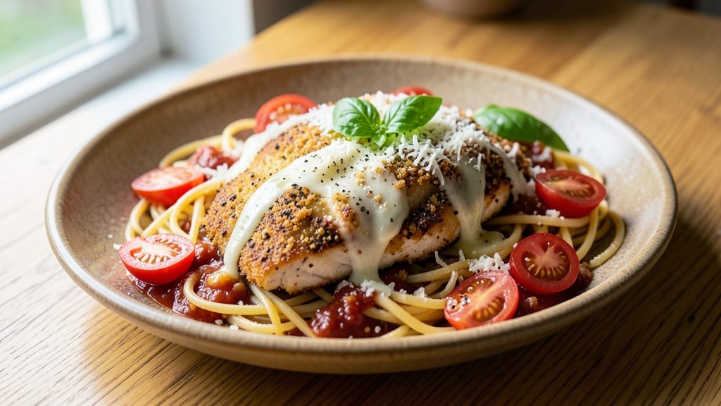 Baked Chicken Parmesan Spaghetti Recipe: One-Pan Cheesy Crust Over Al Dente Noodles