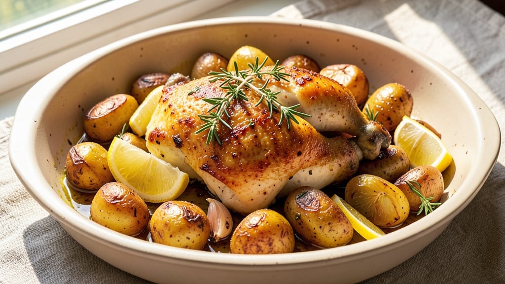 Baked Lemon Chicken and Potatoes Recipe: Zesty Herb Crust Meets Fluffy Tender Bites