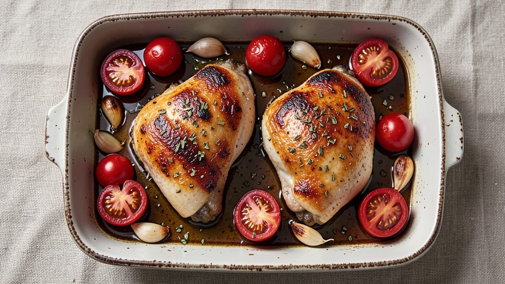 Baked Tomato Chicken Thighs Recipe: Juicy Interiors and Caramelized Tomato Crowns