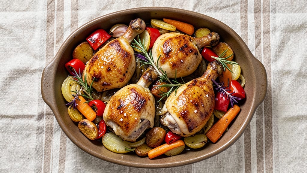 Baked Chicken Legs With Vegetables Recipe: One-Tray Crispy Skin and Roasted Veggie Medley