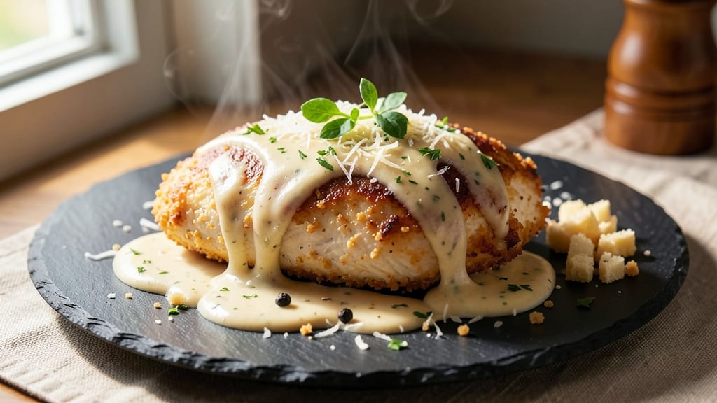 Baked Caesar Chicken With Creamy Parmesan Sauce Recipe: Parmesan-Crusted Bites With Rich Garlic-Anchovy Sauce