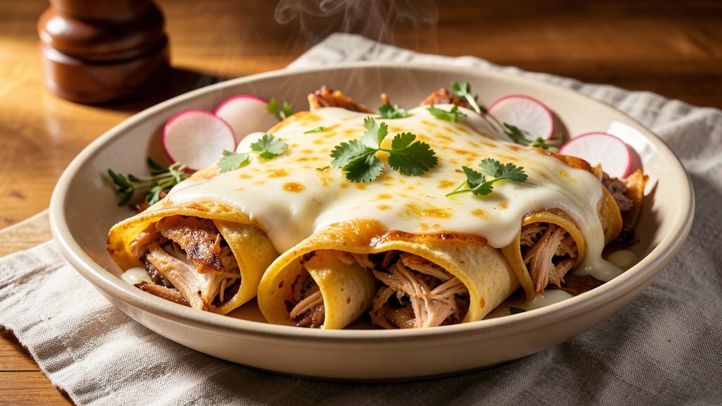 Authentic Chicken Enchiladas Recipe With White Sauce: Crispy Tortillas Hugging Creamy Cheese
