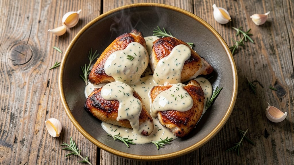 Baked Chicken Thighs Recipe with Ranch Dressing: Crispy Crust and Cool Creamy Drizzle