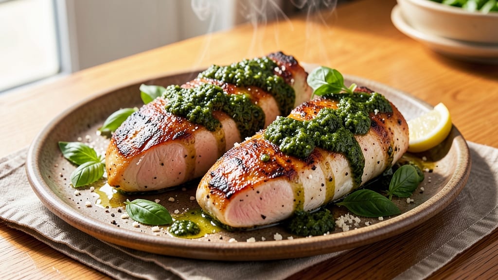Baked Basil Chicken Breasts Recipe: Fresh Pesto Crust With Herbs Baked In