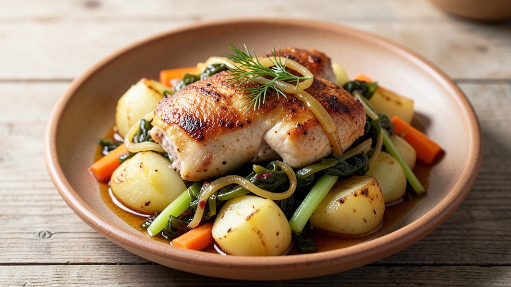 Chicken Sauerkraut and Potatoes Recipe: Crispy Celery-Crusted Comfort in One Pan