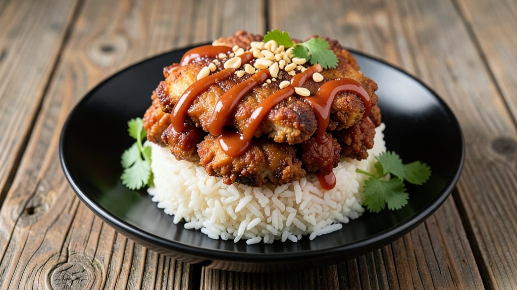 Bang Bang Chicken Fried Rice Stack Recipe: Crispy Parmesan Towers with Creamy Peanut Drizzle