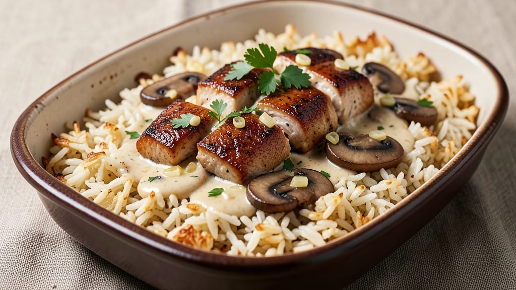 Baked Rice With Chicken and Mushrooms Recipe: Savory One-Pan Harmony in 40 Minutes