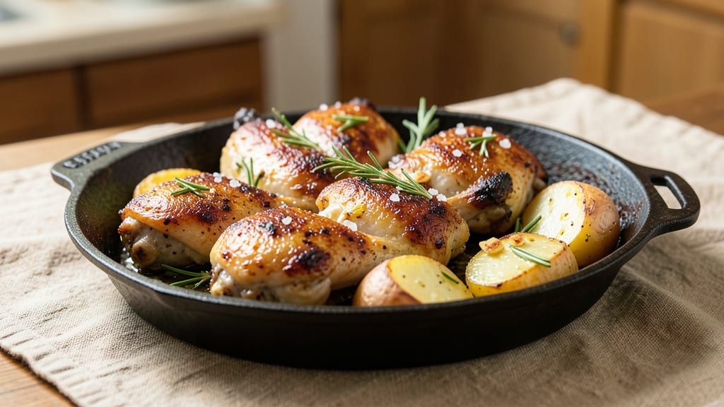 Oven Baked Chicken Thighs With Potatoes Recipe: Crispy Skin, Fluffy Spuds in One Pan